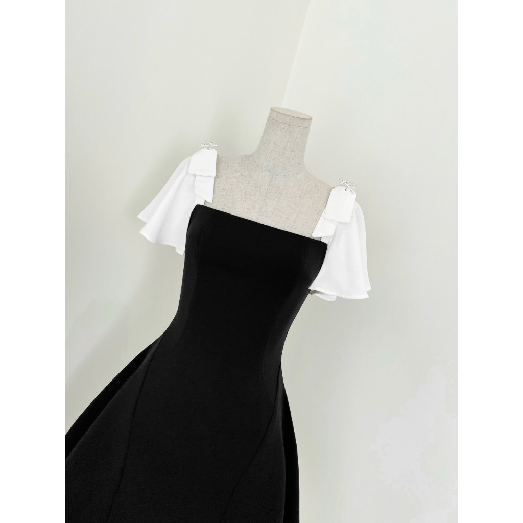 Đầm thiết kế dự tiệc đen phối tay trắng luca dress