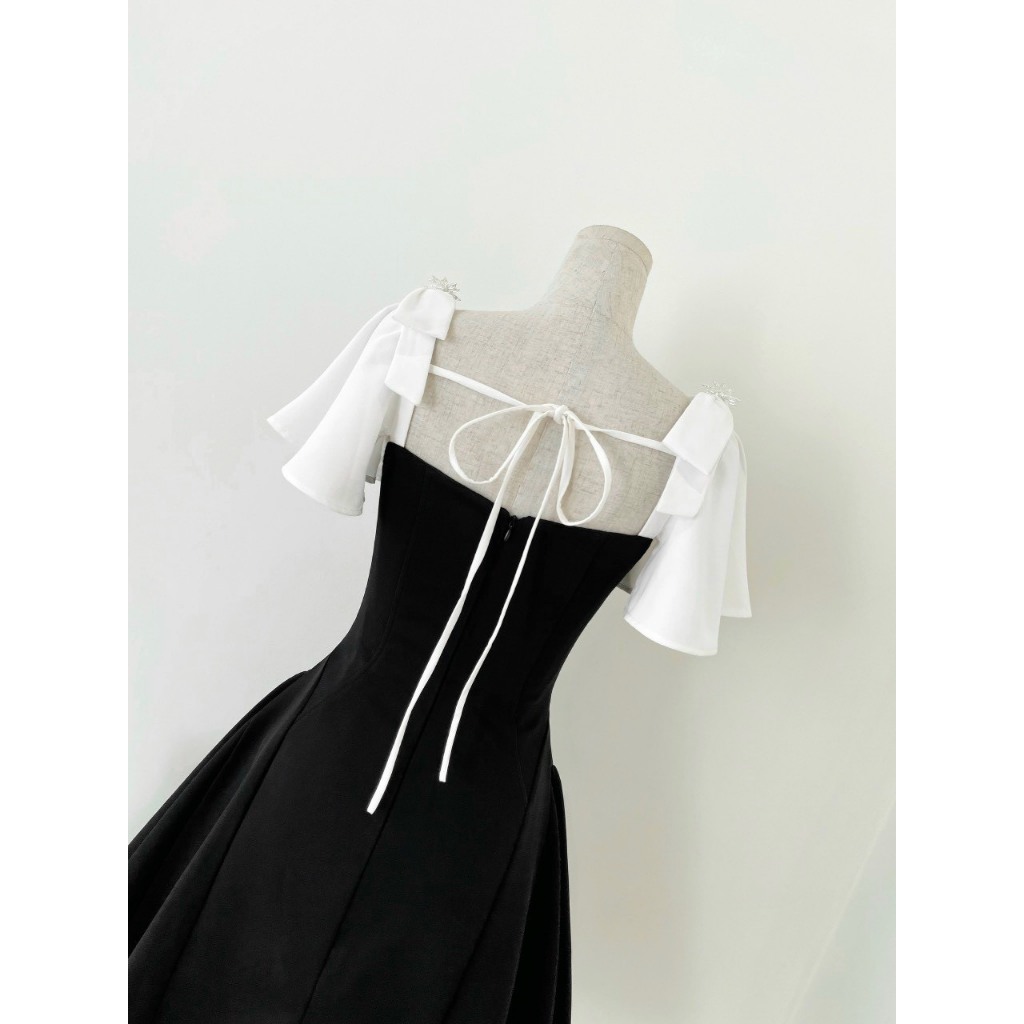 Đầm thiết kế dự tiệc đen phối tay trắng luca dress