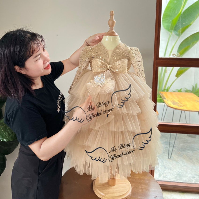 Váy Công Chúa Cho Bé, Váy Tay Dài, Váy Kim Sa Cho Bé Gái, Đầm Tay Dài, Váy Xinh Mẹ Bống princess Dress