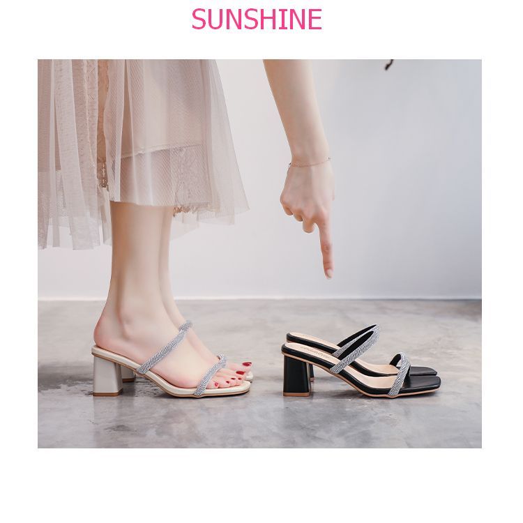 Dép cao gót đế vuông 7p hottrend 2023 quai đính đá bản to sang chảnh, sandal hot mùa hè  Sunshine Store A066