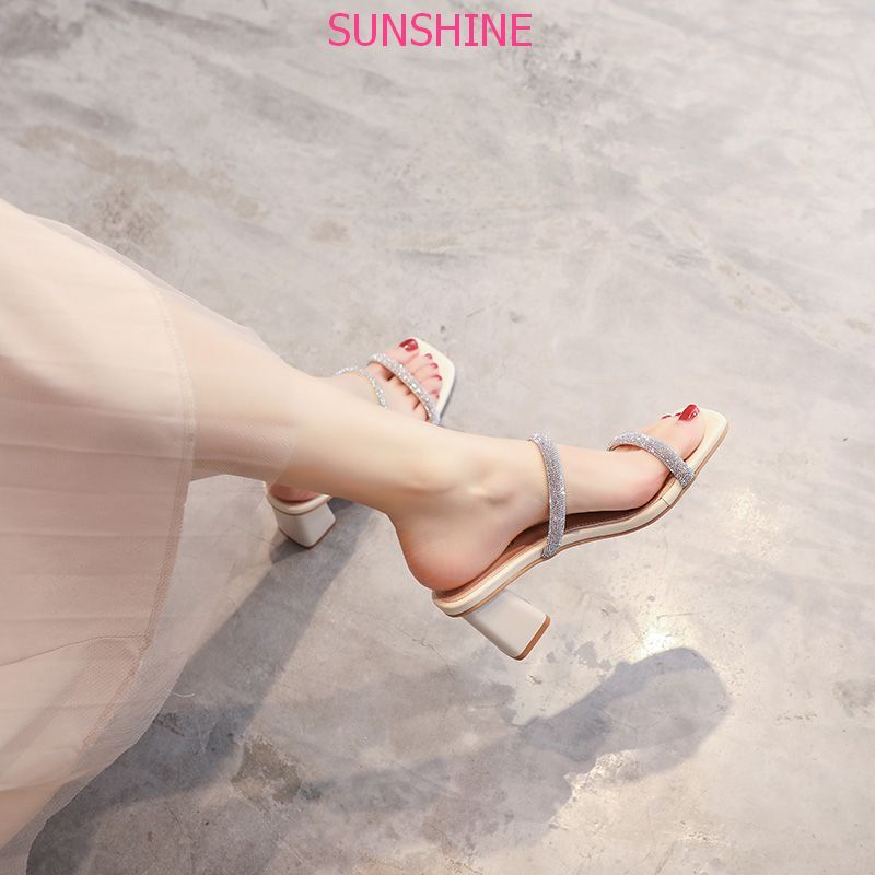 Dép cao gót đế vuông 7p hottrend 2023 quai đính đá bản to sang chảnh, sandal hot mùa hè  Sunshine Store A066