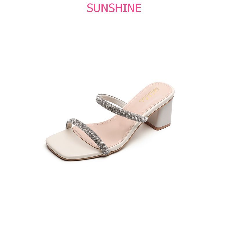 Dép cao gót đế vuông 7p hottrend 2023 quai đính đá bản to sang chảnh, sandal hot mùa hè  Sunshine Store A066