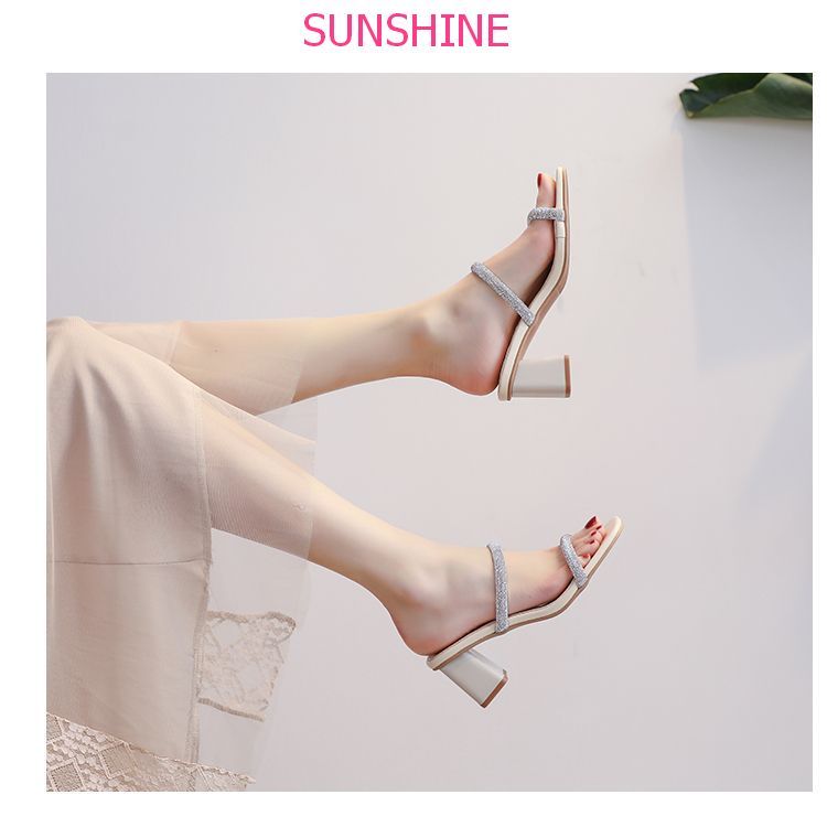Dép cao gót đế vuông 7p hottrend 2023 quai đính đá bản to sang chảnh, sandal hot mùa hè  Sunshine Store A066