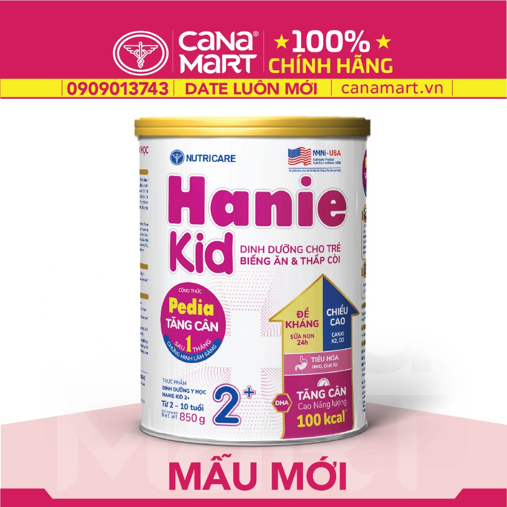 Sữa bột Nutricare Hanie Kid 2+ cho trẻ biếng ăn suy dinh dưỡng (850g)