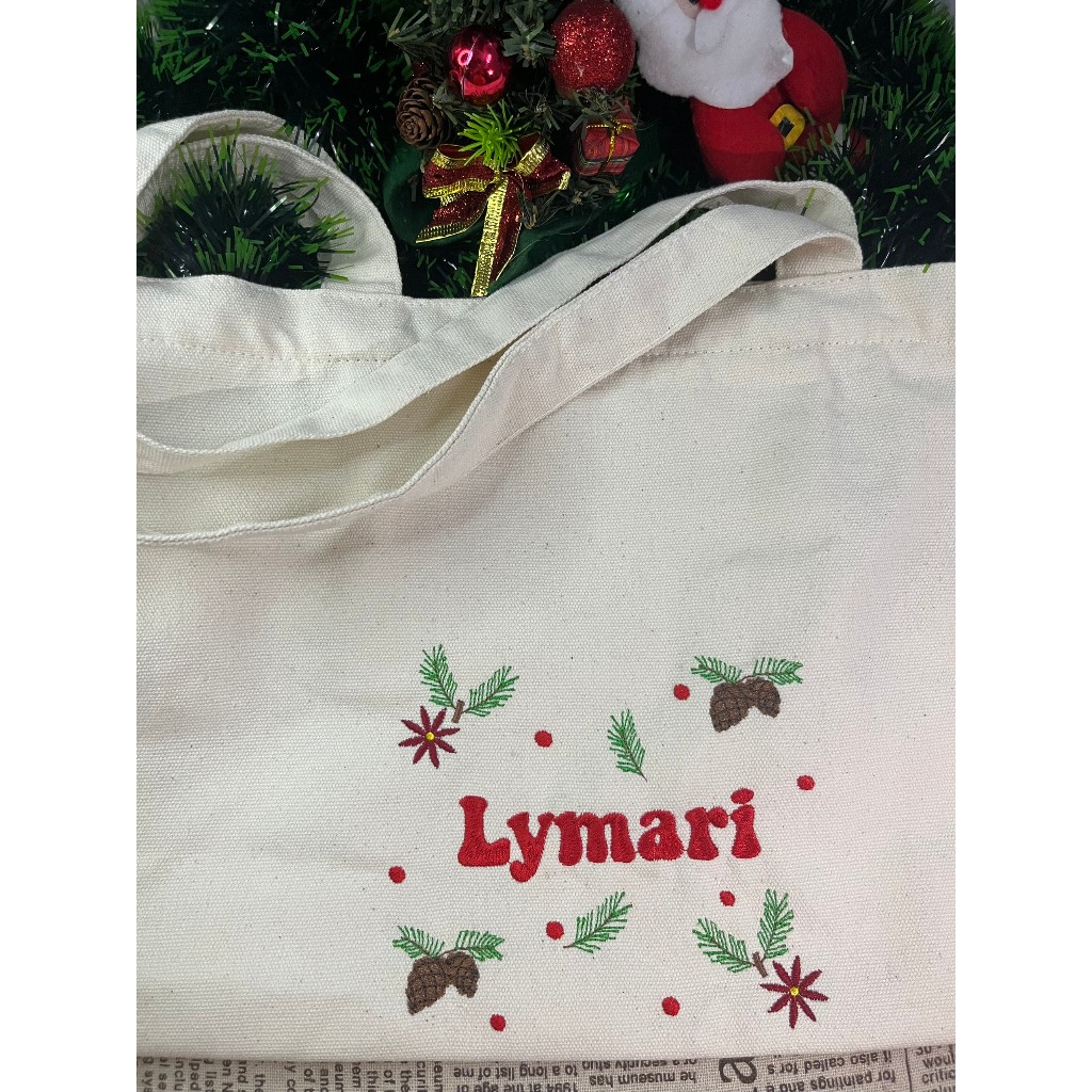 Túi Tote Thêu Tên Theo Yêu Cầu, Kèm Họa Tiết Noel, Vải Canvas, Túi Tote Nữ