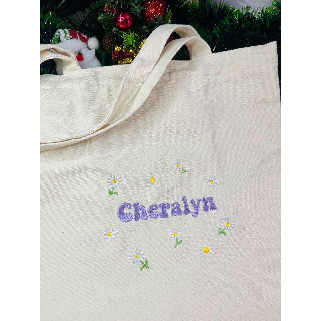 Túi Tote Thêu Tên Theo Yêu Cầu, Kèm Họa Tiết Hoa Lá Dễ Thương, Vải Canvas, Túi Tote Nữ