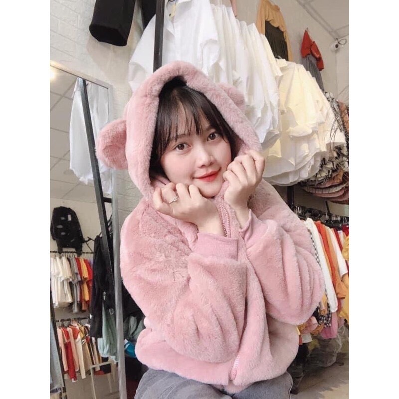 Ảnh thật) Áo khoác lông cừu quả bông mũ tai gấu lông dày dặn siêu ấm áp bất chấp rét đại hàn phong cách hàn quốc