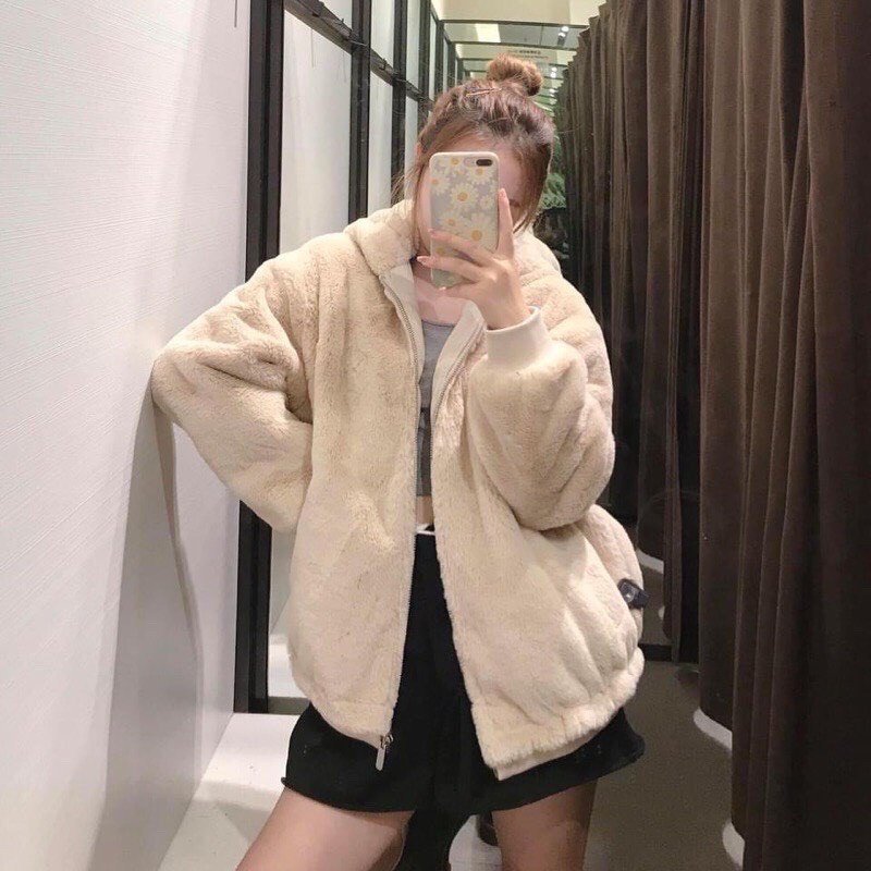 Ảnh thật) Áo khoác lông cừu quả bông mũ tai gấu lông dày dặn siêu ấm áp bất chấp rét đại hàn phong cách hàn quốc