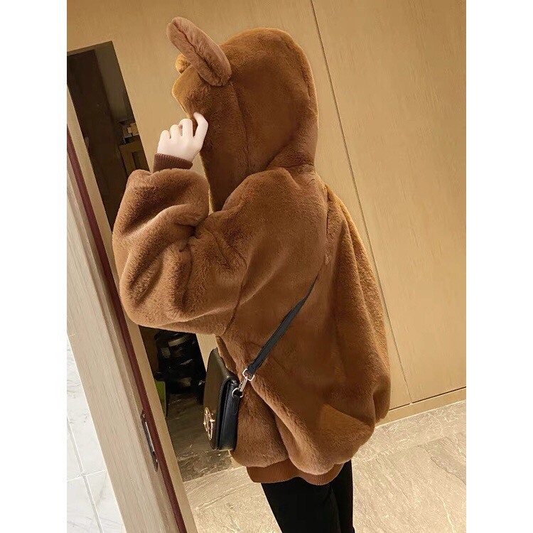 Ảnh thật) Áo khoác lông cừu quả bông mũ tai gấu lông dày dặn siêu ấm áp bất chấp rét đại hàn phong cách hàn quốc