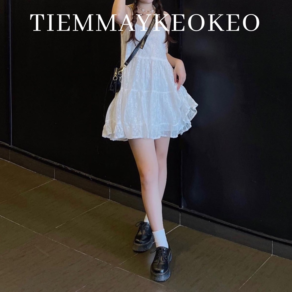 Váy babydoll tơ organza freesize TIEMMAYKEOKEO váy jean hai dây chất liệu denim dáng rộng 3 tầng thời trang nữ