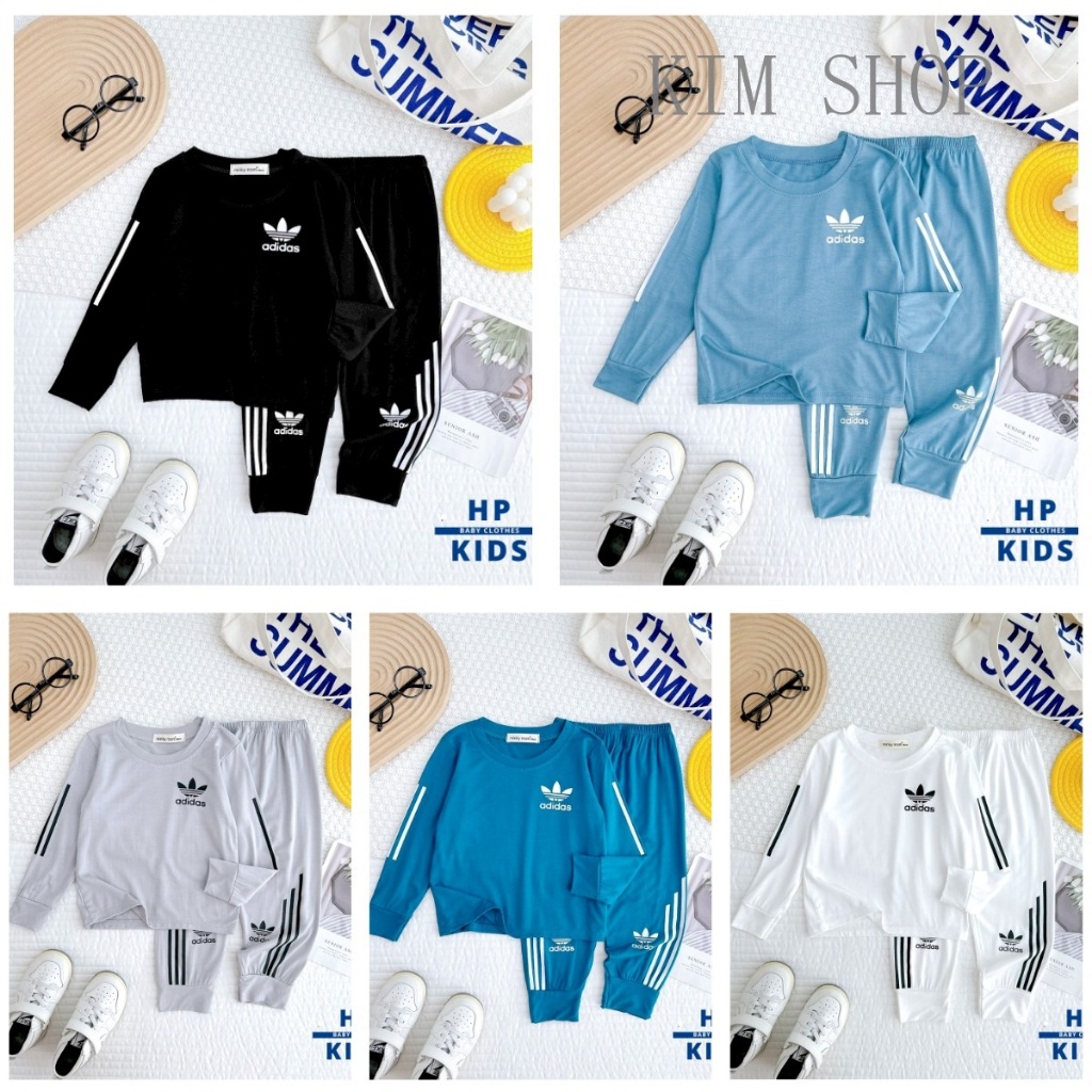 Bộ dài in logo adidas (9-25kg) Minky Mom, vải thun lạnh, phong cách thể thao năng động cho bé