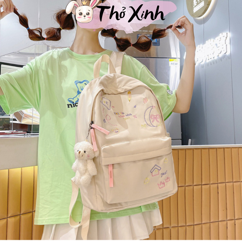Balo nữ đi học đi chơi xinh xắn cute màu trơn họa tiết vẽ tay thời trang ulzzang màu sắc tươi vui nhiều ngăn TX10