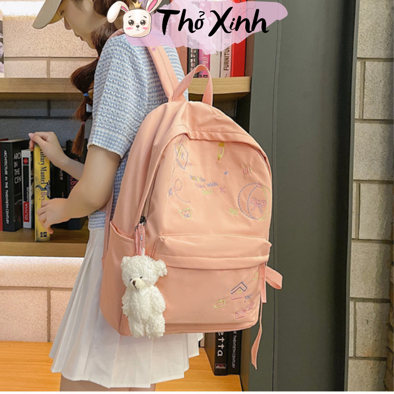 Balo nữ đi học đi chơi xinh xắn cute màu trơn họa tiết vẽ tay thời trang ulzzang màu sắc tươi vui nhiều ngăn TX10
