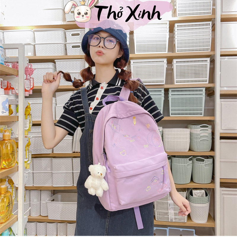Balo nữ đi học đi chơi xinh xắn cute màu trơn họa tiết vẽ tay thời trang ulzzang màu sắc tươi vui nhiều ngăn TX10