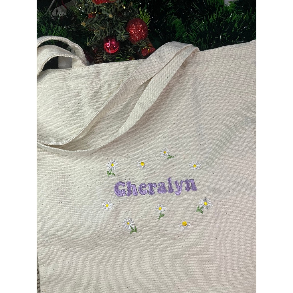 Túi Tote Thêu Tên Theo Yêu Cầu, Kèm Họa Tiết Hoa Lá Dễ Thương, Vải Canvas, Túi Tote Nữ
