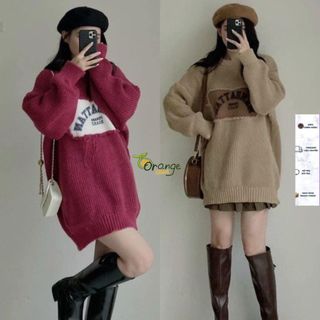 Áo Len Dệt Kim Dáng Dài Cổ Tròn From Rộng Tay Dài Phối Chữ Trước Ngực Dễ Phối Đồ Hàng Qccc Len Mềm Mịn Phong Cách Hàn Or