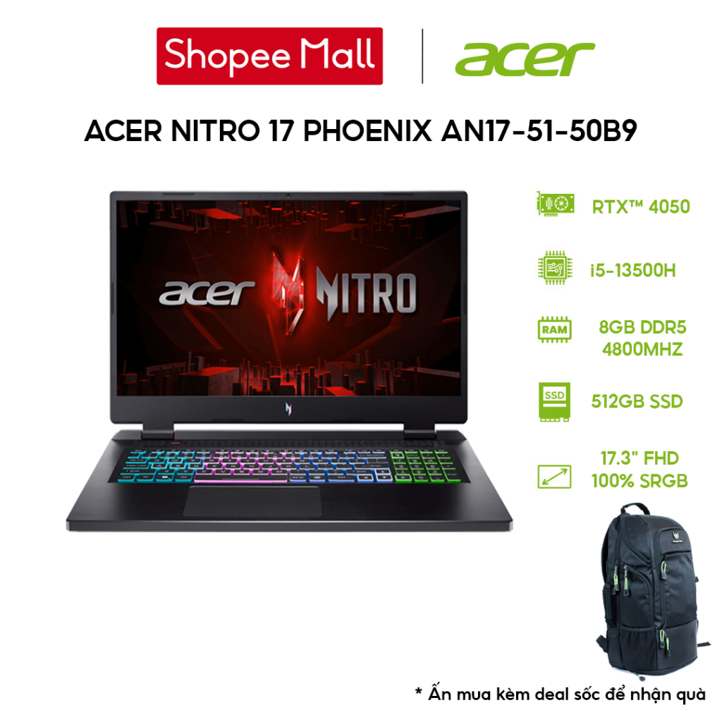 Laptop Gaming Acer Nitro 17 Phoenix AN17-51-50B9 i5-13500H | 8GB| 512GB |GeForce RTX™4050 6GB | 17.3' FHD 165Hz 100%sRGB