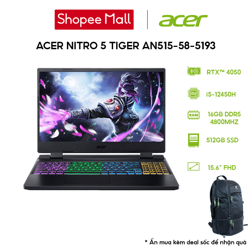 Laptop Gaming Acer Nitro 5 Tiger AN515-58-5193 i5-12450H | 16GB | 512GB | GeForce RTX™ 4050 6GB | 15.6' FHD 144Hz |Win11