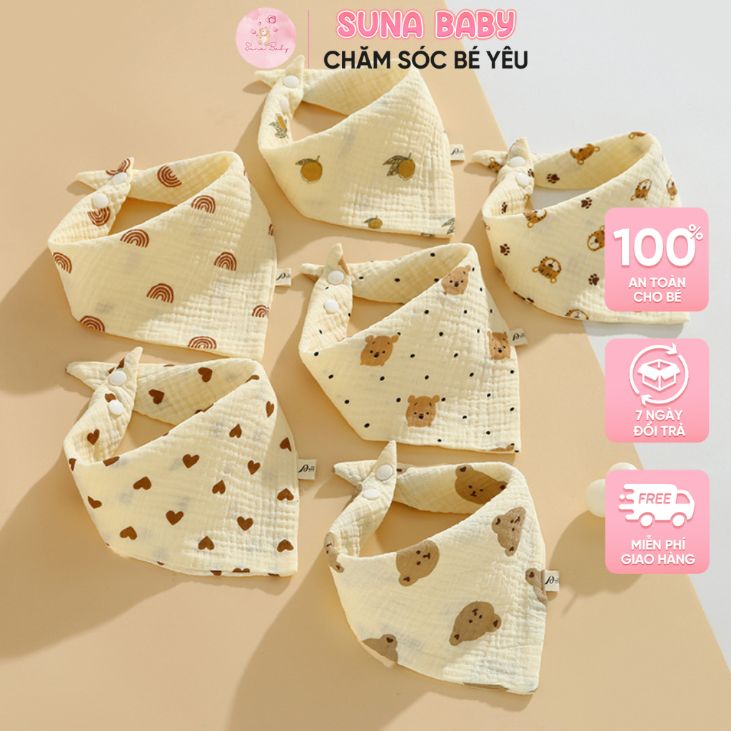 Khăn yếm tam giác cho bé trai bé gái chất cotton có cúc bấm hoạ tiết đáng yêu quàng cổ ngăn trớ sữa SUNA store