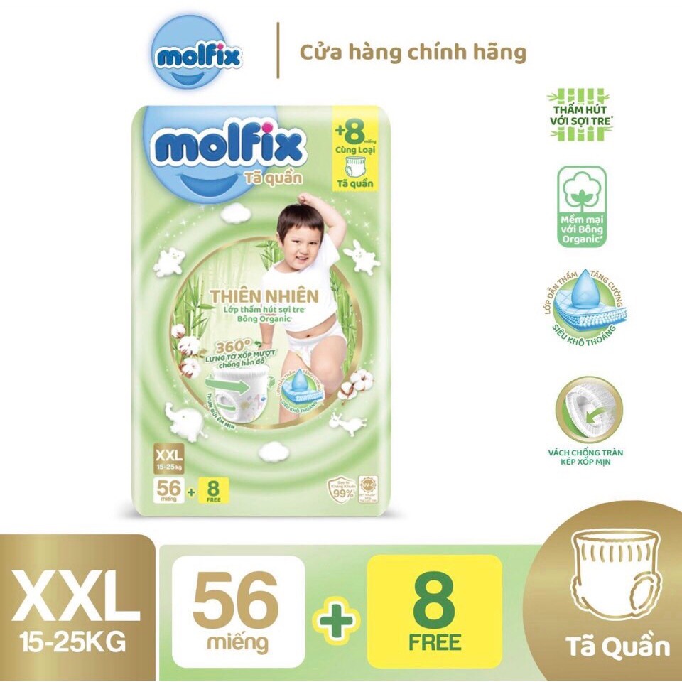 Tã quần/dán thiên nhiên Molfix Ultra M84/L76/XL70/XXL64
