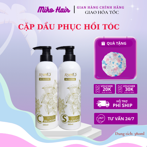 Cặp Dầu Gội Xả Collagen Kami 380ML Không Chứa Silicon Giúp Phục Hồi Tóc Hư Tổn, Bền Màu Cho Tóc Nhuộm Hương Nước Hoa