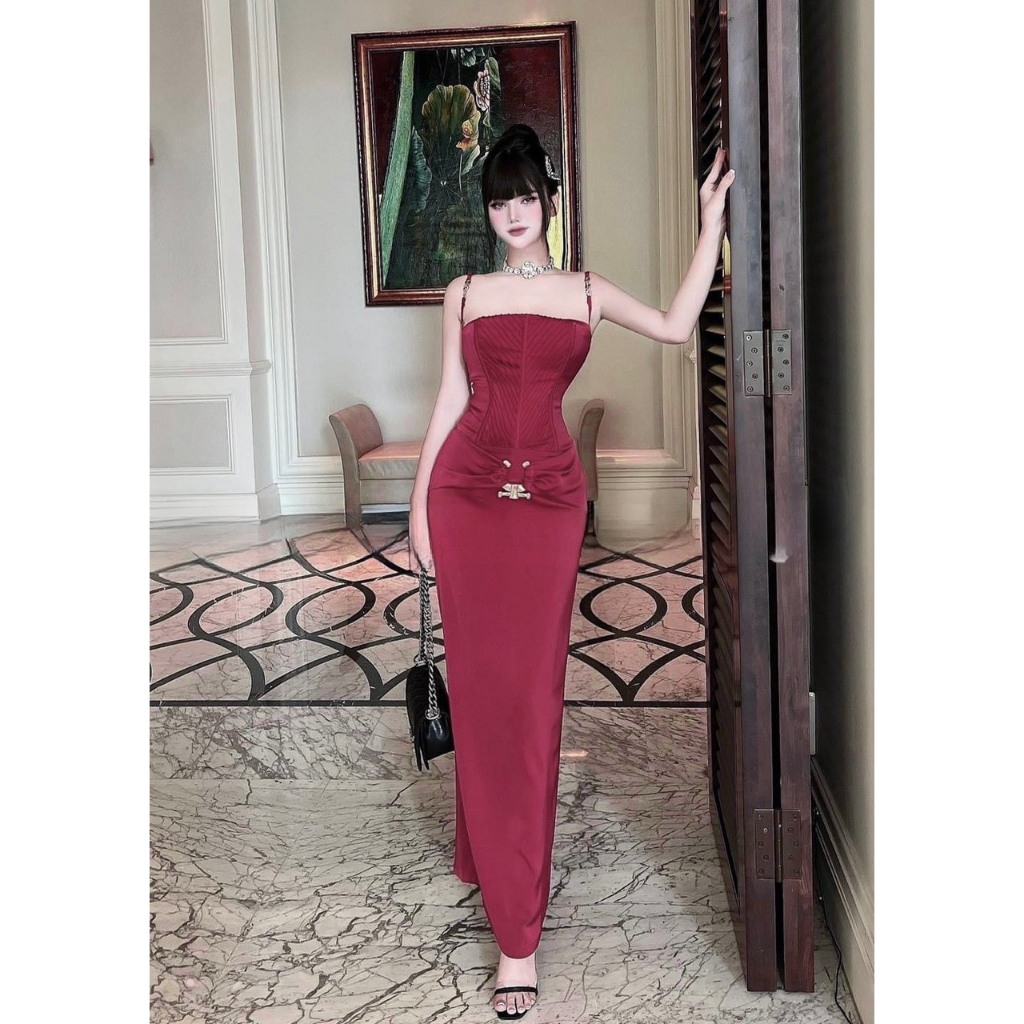 Đầm Maxi LÉNA vải phi Hồng Kông kèm tag xếp ly