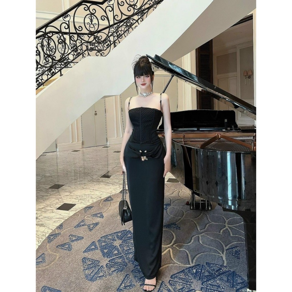 Đầm Maxi LÉNA vải phi Hồng Kông kèm tag xếp ly