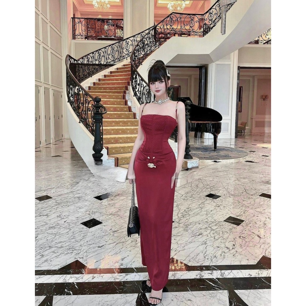 Đầm Maxi LÉNA vải phi Hồng Kông kèm tag xếp ly