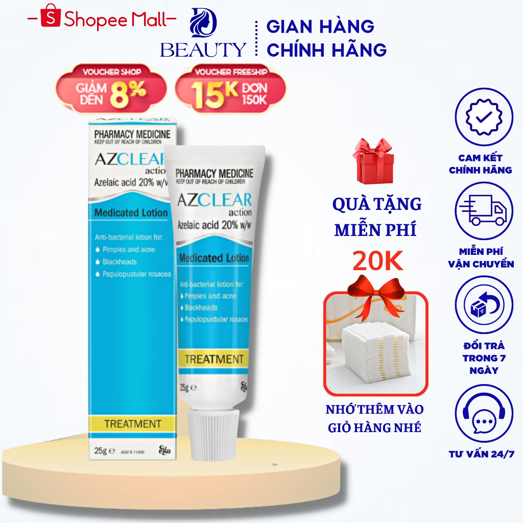 Kem Mụn Azclear 20% Azelaic Acid Làm Mờ Thâm Và Giảm Mụn Lành Tính 25gram Chính Hãng