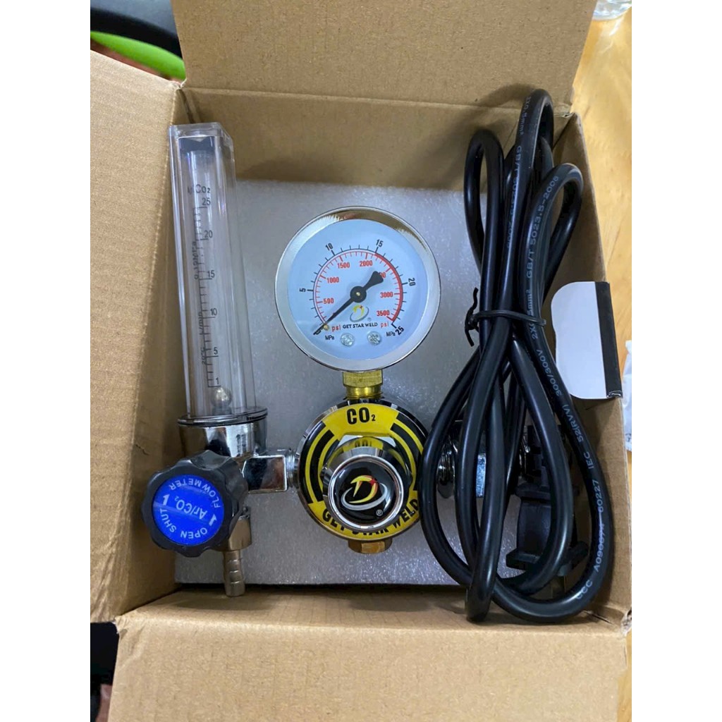 Đồng hồ CO2 có sấy 220V/36V, đồng hồ khí co2 dùng cho máy hàn mig, đồng hồ khí giảm áp có tinh chỉnh