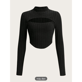Áo thun croptop tay dài basic cắt xẻ cá tính