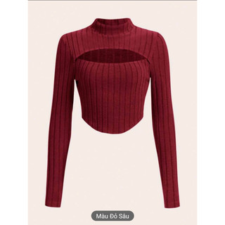 ( ORDER SHEIN ) Áo thun croptop tay dài basic cắt xẻ cá tính