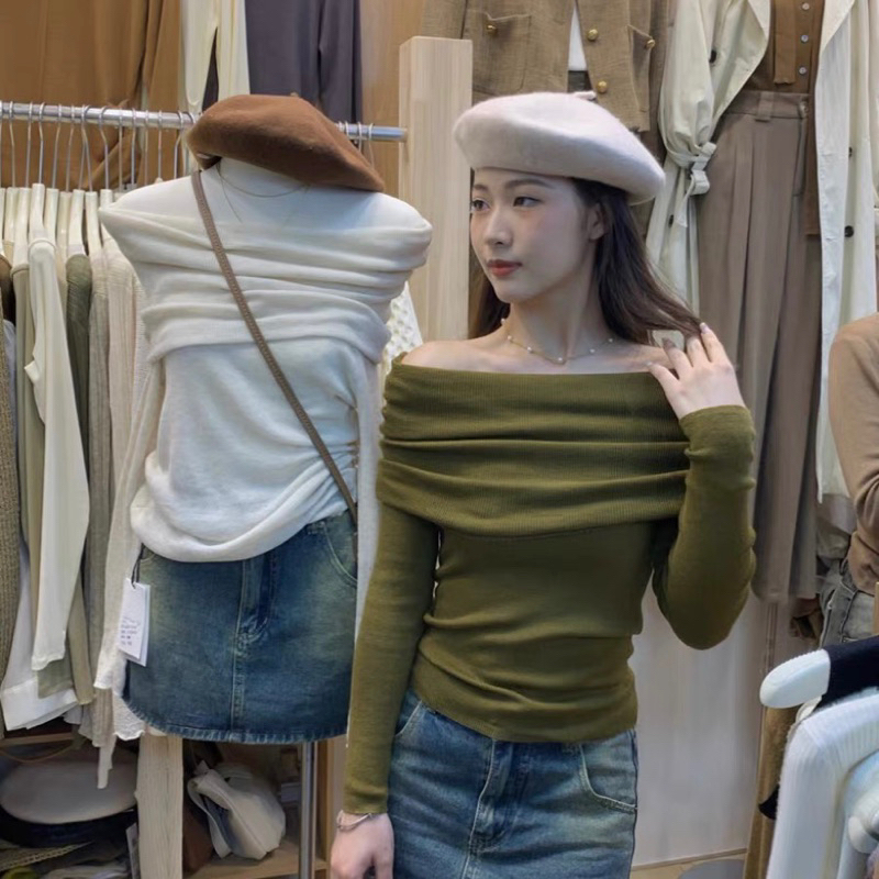 Áo len trễ vai chất len mịn mỏng thu đông thiết kế sang trọng qc