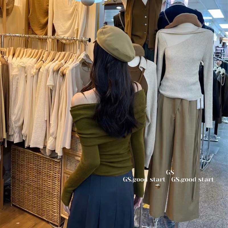 Áo len trễ vai chất len mịn mỏng thu đông thiết kế sang trọng qc