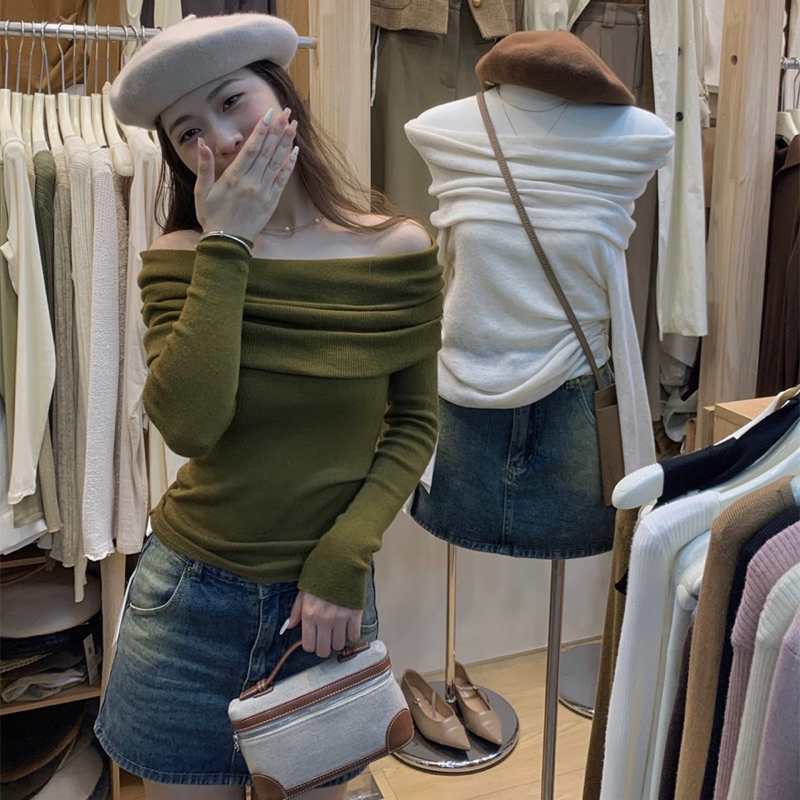 Áo len trễ vai chất len mịn mỏng thu đông thiết kế sang trọng qc