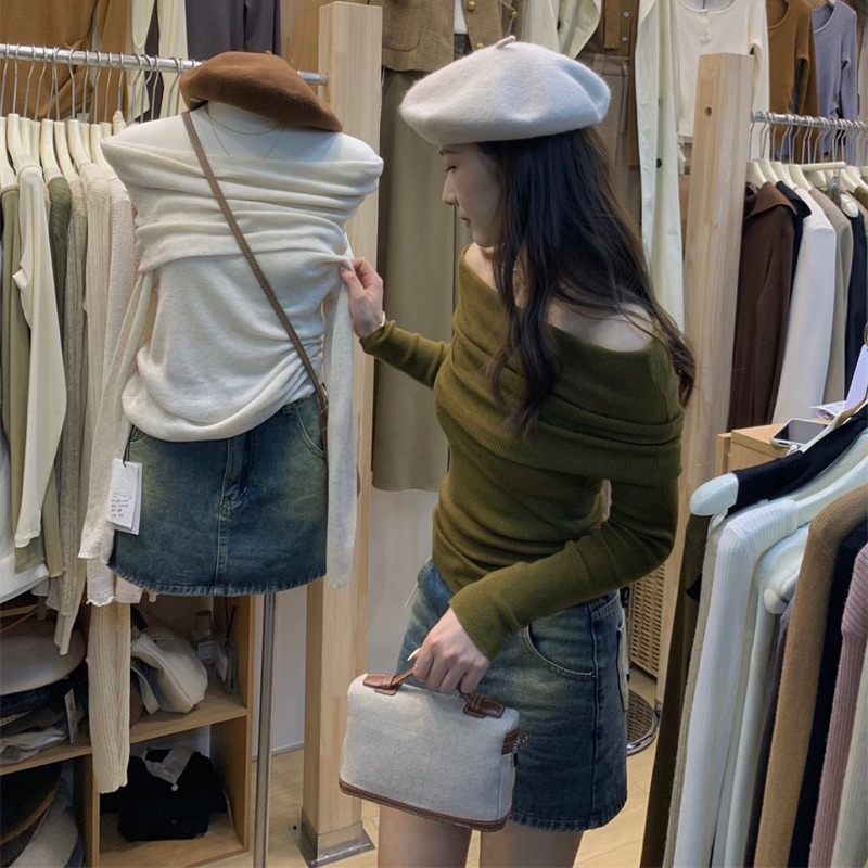 Áo len trễ vai chất len mịn mỏng thu đông thiết kế sang trọng qc