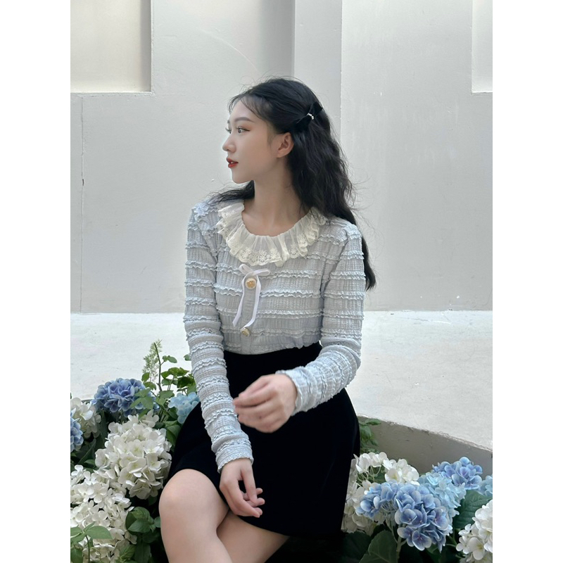 Áo xanh pastel cổ bèo hoa nhí tiểu thư La Moneta