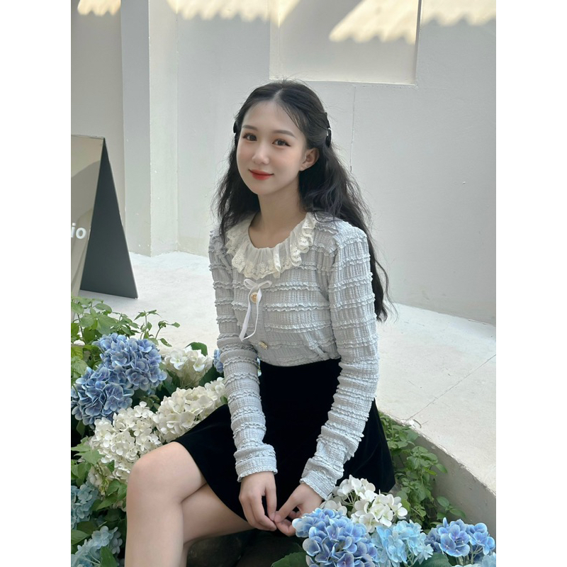 Áo xanh pastel cổ bèo hoa nhí tiểu thư La Moneta