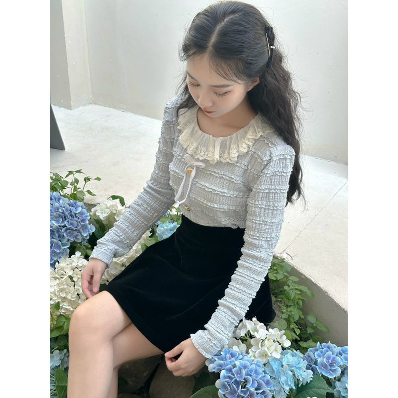 Áo xanh pastel cổ bèo hoa nhí tiểu thư La Moneta