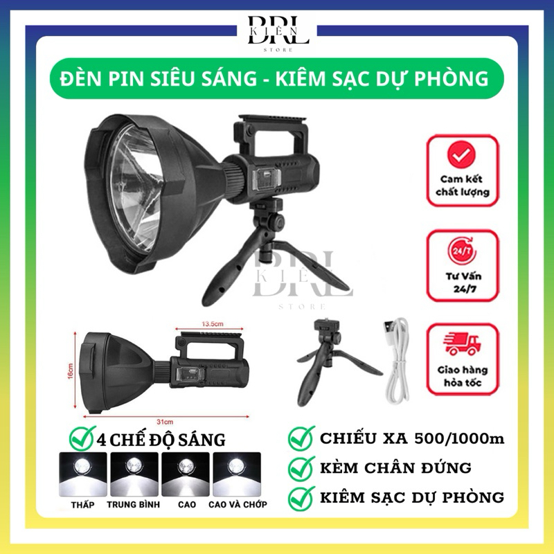 Đèn pin siêu sáng xách tay W591 (có đế đứng đi kèm), pin trâu kiêm sạc dự phòng, chiếu xa 500m- 1000m, kháng nước