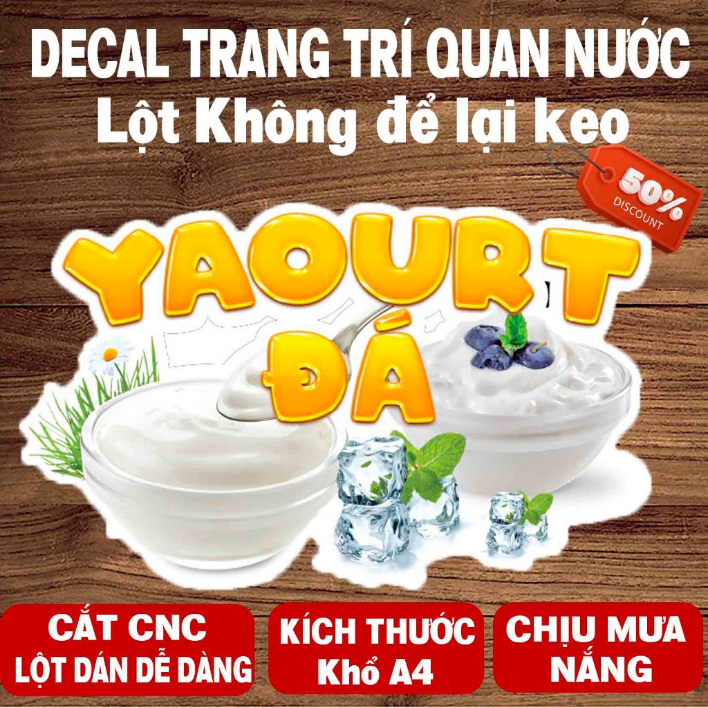 Decal YAOURT ĐÁ trang trí quán nước, dán tường, tủ kiếng chống nước, đã cắt bế sẵn khổ A4(21x29cm)