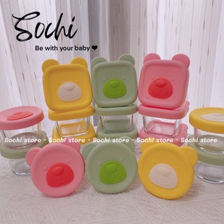 Set 3 hộp trữ đông,cốc nấu cháo thủy tinh, nắp silicone gấu cao cấp chịu nhiệt an toàn dung tích 130ml/160ml