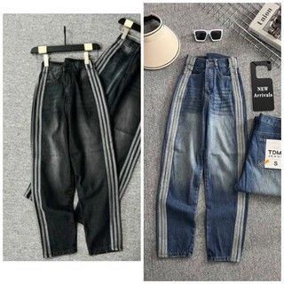 Quần jean baggy phối viền 3 sọc,Quần bò nữ chạy sọc thể thao