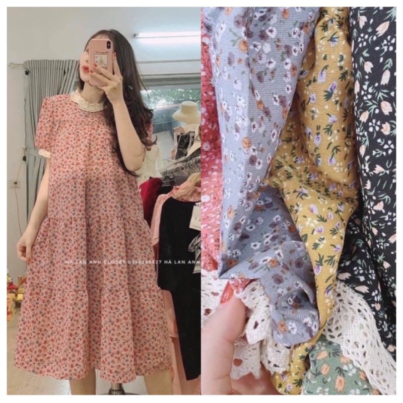 Váy bầu, đầm bầu hoa nhí cổ ren tầng xinh, chất lụa Hàn đẹp mềm mát - V39