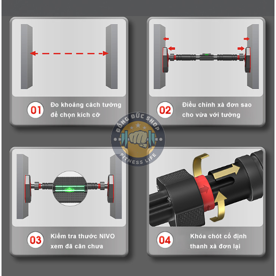 Xà đơn treo tường chống xoay - Thanh xà đơn gắn cửa đa năng tập gym thế hệ mới kích thước tùy chỉnh từ 65 -160cm