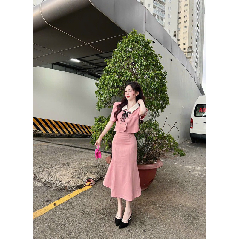 Set váy nữ mặc đi chơi, sét áo croptop cổ sơmi đính nơ kèm chân váy dài chất vải linen