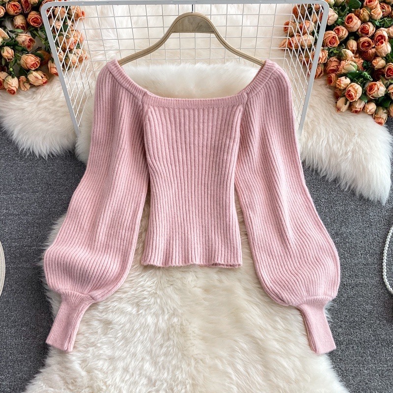 Áo Len Sweater, Áo Len Dệt Kim Nữ Cổ Vuông tay Phồng Style Hàn Quốc Dáng Ngắn Hàng Qccc | Vui Vẻ Shop