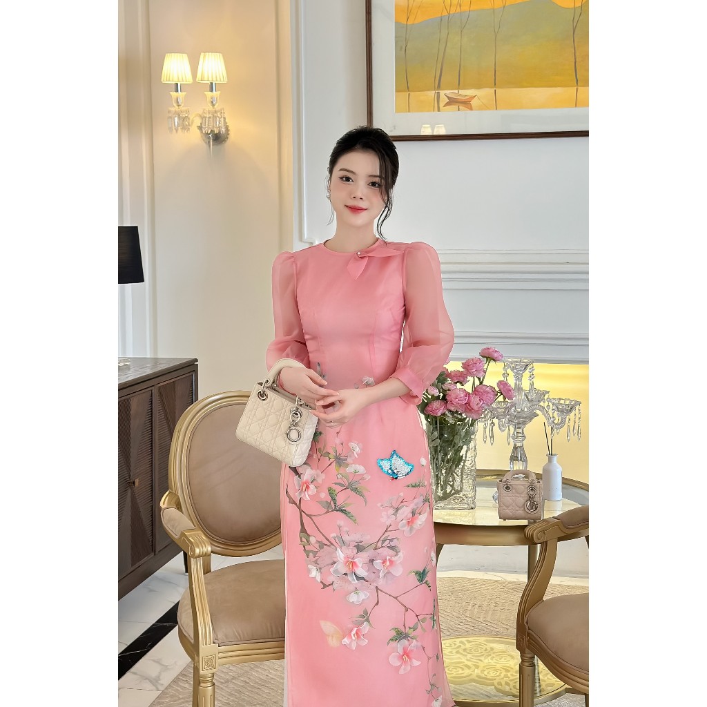 Áo cách tân mẹ bé thiết kế 🔥SALE SỐC🔥 màu hồng nữ tính chất liệu organza cao cấp - Áo Dài Cho Bé Baby Store -  ADB28