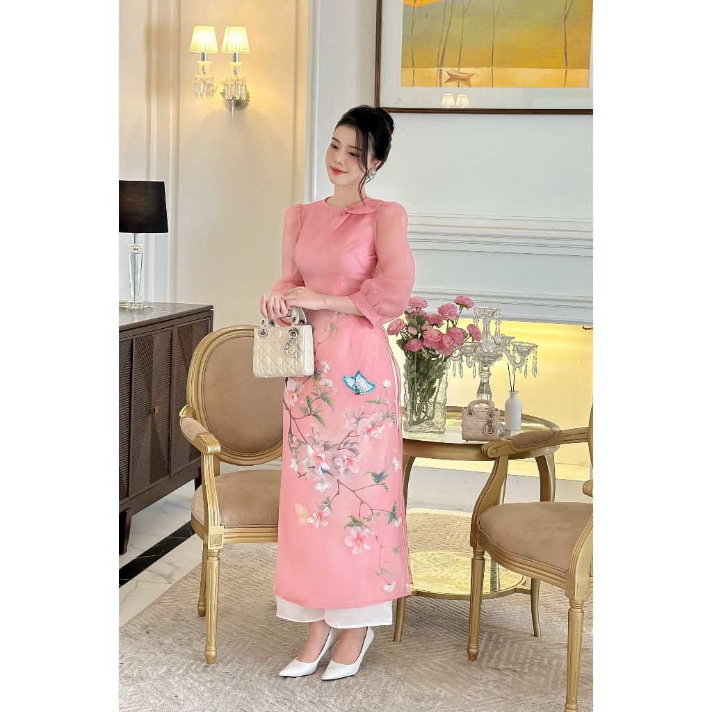 Áo cách tân mẹ bé thiết kế 🔥SALE SỐC🔥 màu hồng nữ tính chất liệu organza cao cấp - Áo Dài Cho Bé Baby Store -  ADB28