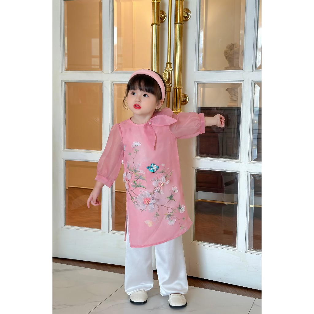 Áo cách tân mẹ bé thiết kế 🔥SALE SỐC🔥 màu hồng nữ tính chất liệu organza cao cấp - Áo Dài Cho Bé Baby Store -  ADB28